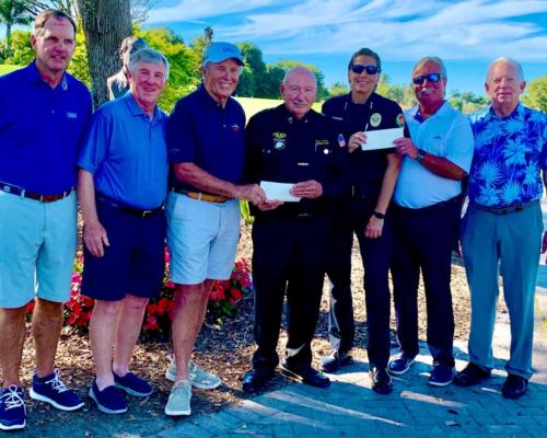 The Island Country Club Foundation presented an $8,000.00 check Donation to The Marco Police Foundation to our Scholarship Fund. From Left: Winning Golf Team members Ken Baer, Walter Nugent, Jim Mogan.  MI Police Foundation President Vernon Geberth, MI Police Chief Frazzano ICCCF President Aldo Palombo and Island Country Club President Scott Welliver.  This generous donation will allow The Police Foundation to provide financial assistance to the Police Officers of Marco Island